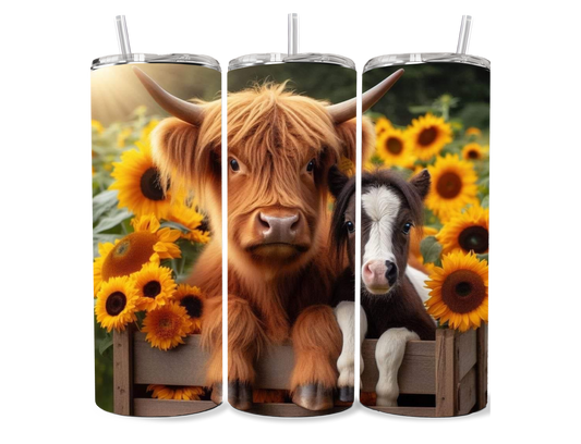 Sunflower Fluffy Cow and Friend 20oz Skinny Tumbler